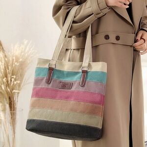 MANJIANGHONG Multi Coloured Striped Canvas Tote Shoulder Bag Casual Handbag